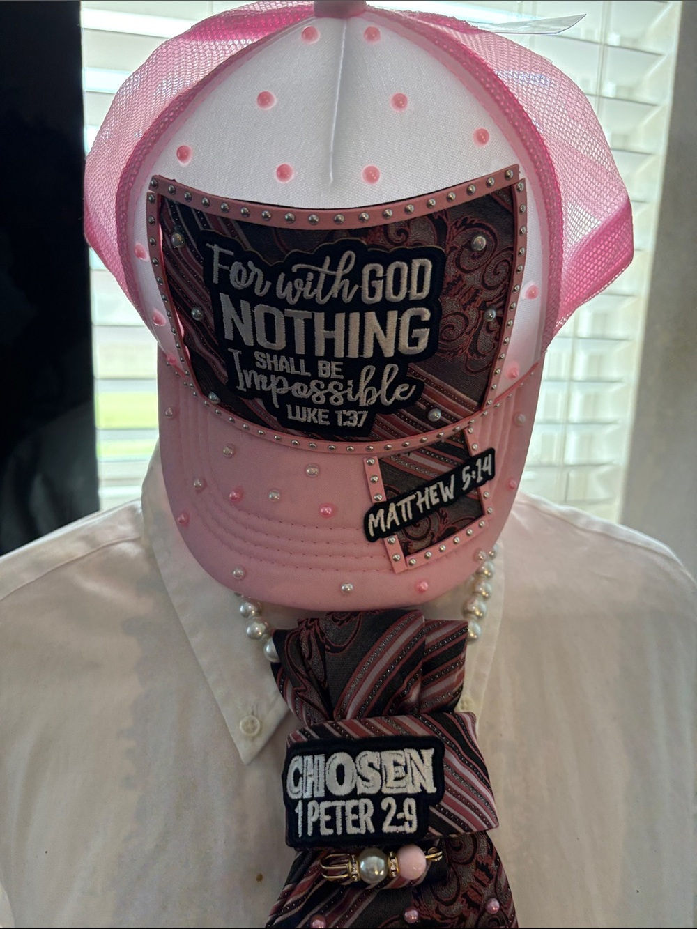 Christian Pink Embellished Trucker Hat and Matching Tie Set - Picture 3 of 3